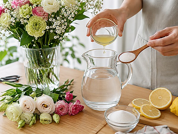 cách giữ hoa tươi lâu - pha nước dưỡng hoa với đường và chanh