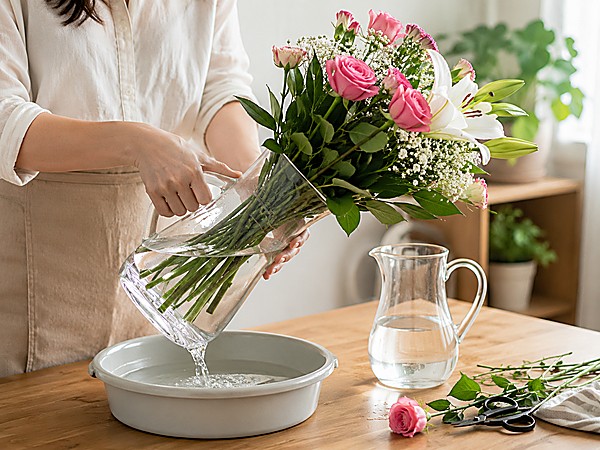 cách giữ hoa tươi lâu - thay nước cắm hoa mỗi ngày