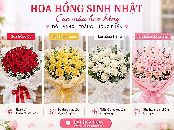 hoa hồng sinh nhật - các màu hoa hồng đỏ vàng trắng hồng phấn